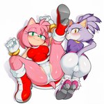 anthro breasts butt camel_toe clothing duo female footwear gloves handwear looking_at_viewer simple_background smile smiling_at_viewer unknown_director amy_rose blaze_the_cat eulipotyphlan felid feline hedgehog mammal hi_res