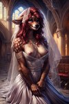 anthro blue_eyes breasts brown_body brown_fur cervid cleavage clothed clothing dress female fur gilkardex hair hi_res jewelry looking_at_viewer mammal necklace red_hair smile solo spots spotted_body spotted_fur wedding wedding_dress wedding_veil white_spots