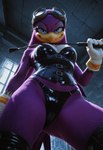anthro beak blue_eyes breasts clothing detailed_background eyewear eyewear_on_head female gloves goggles goggles_on_head handwear leotard purple_body solo whip window anonymous_director sonic_the_hedgehog_(series) wave_the_swallow avian absurd_res hi_res