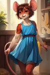 anthro big_ears blue_clothing brown_eyes brown_hair clothing cute_pose dress female flat_chested fur hair looking_at_viewer open_mouth plant short_hair sink solo sundress white_body white_fur mindry mammal mouse murid murine rodent