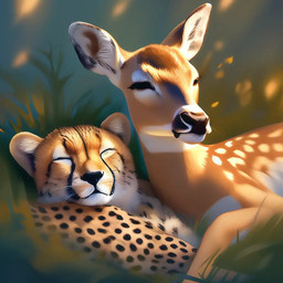 ambiguous_gender brown_body brown_fur duo eyes_closed feral fur grass inner_ear_fluff plant predator/prey sleeping sleeping_together spots spotted_body spotted_fur tuft whiskers ashanddust cervid cheetah felid feline mammal 1:1 2023