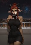 anthro balcony big_breasts breasts city_skyline clothed clothing dress ears_down eyewear fireworks gem glasses green_eyes gynomorph hair hair_bun horn intersex jewelry looking_at_viewer necklace new_year night_sky nipple_outline pearl_(gem) pearl_necklace pivoted_ears red_hair skimpy solo corsetlover69 fursona_(corsetlover69) bovid caprine goat mammal hi_res