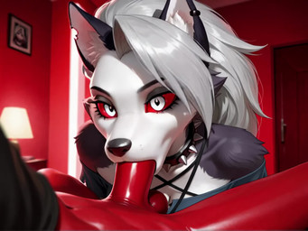 anthro balls bodily_fluids clothing collar crop_top cum cum_in_mouth cum_inside deep_throat duo female fur genital_fluids genitals hair humanoid_genitalia humanoid_penis kneeling kneeling_on_ground male male/female oral oral_penetration penetration penis red_body red_eyes red_penis shirt spiked_collar spikes topwear white_body white_fur white_hair feathercircuit hellaverse helluva_boss loona_(helluva_boss) canid canid_demon canine canis demon demon_humanoid domestic_dog hellhound humanoid imp mammal animated huge_filesize long_playtime webm