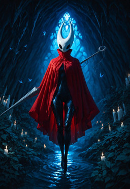 anthro black_body camel_toe cave cloak clothing dim_lighting exoskeleton female mask solo weapon_on_back indianthro_jones hollow_knight_(franchise) team_cherry hornet_(hollow_knight) animal_humanoid arachnid arachnid_humanoid arthropod arthropod_humanoid humanoid spider_humanoid hi_res