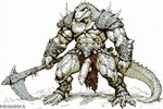 animal_genitalia anthro armor cloaca cloacal_penis genitals male muscular muscular_male solo weapon hyperion lizard lizardman reptile scalie attempted_signature