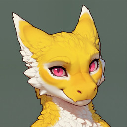 anthro face_focus female fur grey_background looking_at_viewer pink_eyes simple_background solo white_body white_fur yellow_body yellow_fur adragocult jaune_(adragocult) furred_kobold kobold 1:1 hi_res icon portrait