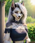 anthro black_nose blurred_background breasts canid canid_demon canine cleavage clothed clothing collar crop_top demon detailed director_name ear_piercing ear_ring eyebrow_piercing eyebrow_ring eyebrows eyelashes facial_piercing female female_anthro fur hair hellhound helluva_boss inner_ear_fluff long_hair loona_(helluva_boss) mammal open_mouth piercing pikaflufftuft plant portrait realistic red_sclera ring_piercing shirt smile solo spiked_collar spikes topwear tuft watermark white_body white_fur white_hair