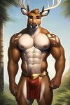 anthro antlers areola blue_eyes bottomwear bulge bumblebee95 capreoline cervid clothed clothing hi_res horn loincloth looking_at_viewer male mammal muscular muscular_male nipples pubes reindeer solo standing topless