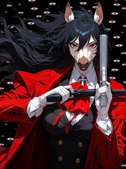 anthro black_clothing black_hair black_topwear black_vest blurred_background bow_ribbon breasts brown_body brown_fur clothing coat collared_shirt cross cross_necklace dark_background eyebrows eyelashes female flowing_hair fur gloves gun hair handgun handwear holding_object holding_weapon inner_ear_fluff jewelry long_hair looking_at_viewer medium_breasts multicolored_body multicolored_fur necklace pattern_background pistol prick_ears ranged_weapon red_bow red_clothing red_coat red_eyes red_topwear shirt simple_background smile smirk solo solo_focus teeth topwear tuft vest weapon white_body white_clothing white_fur white_gloves white_handwear white_shirt white_topwear zaxxxer_(director) hellsing alucard_(hellsing) equid equine horse mammal absurd_res hi_res shaded soft_shading