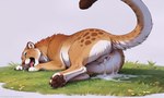 after_sex animal_genitalia animal_pussy anus bodily_fluids butt cum cum_drip cum_in_pussy cum_inside cum_on_butt cum_overflow dripping excessive_cum excessive_genital_fluids female feral genital_fluids genitals grass looking_pleasured lying on_side pawpads plant pussy quadruped raised_tail simple_background smile solo tongue terraraptor felid lion mammal pantherine