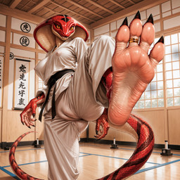 anthro black_belt black_claws camel_toe claws digit_ring dojo erect_nipples feet female foot_fetish foot_focus gold_(metal) gold_jewelry jewelry karate kick martial_arts nipples red_body red_scales ring scales solo tail teeth toe_ring vermilion888 cobra reptile scalie snake gi_(disambiguation) absurd_res hi_res