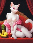 5_fingers apple areola arm_tuft banana bedroom_eyes biped blue_eyes breasts curtains detailed_background eyebrows eyelashes eyeshadow feathers female fingers food front_view fruit fur furniture grape half-closed_eyes inner_ear_fluff inside looking_at_viewer makeup mostly nails narrowed_eyes navel nipples nude nude_female on_sofa pineapple pink_areola pink_eyeshadow pink_nipples pink_nose pink_tongue plant pose seductive sitting smile sofa solo tail tongue tongue_out tuft white_body white_fur unknown_director domestic_cat felid feline felis mammal detailed hi_res portrait traditional_media_(artwork)
