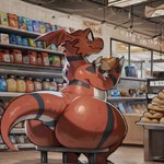 ambiguous_gender anthro bakery big_butt butt eating huge_butt huge_thighs hyper hyper_butt hyper_hips male markings nude sitting slightly_chubby smile solo thick_tail thick_thighs doggyai digimon digimon_(species) guilmon absurd_res hi_res