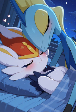 ambiguous_gender anthro bed blue_body blush breasts duo eyes_closed female female/ambiguous fur furniture glistening multicolored_body multicolored_fur night on_bed romantic romantic_ambiance sleeping smile white_body white_fur anguirus12345 nintendo pokemon cinderace generation_8_pokemon inteleon pokemon_(species) detailed hi_res male_(lore)