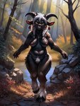 anthro black_body black_nipples black_skin bovid braided_hair breasts caprine claws cloven_hooves crotch_tuft ear_piercing ear_ring ebony_skin eyebrows faun female fetlocks goat hair hi_res hooves horizontal_pupils horn indigofurrymix_v90hybrid jewelry lake looking_at_viewer mammal nature necklace nightdancer nipples nude pagan piercing pupils ring_piercing sagging_breasts sharp_teeth slightly_chubby solo stones teeth trail tuft walking white_hair woods yellow_eyes