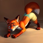 all_fours angry_puppy anthro ass_up brown_body brown_eyes canid canine clothing fox looking_at_viewer male mammal narrowed_eyes nick_wilde smile smiling_at_viewer solo underwear zootopia