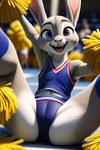 anthro cheerleader_outfit eyebrows female floppy_ears hi_res judy_hopps lagomorph leporid mammal open_mouth pink_nose pom_poms purple_eyes rabbit solo spreading stable_diffusion teeth zootopia