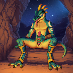 3_toes 4_fingers anthro cave feet fingers genitals holding_penis male male/male penis sitting sky skyward_sword solo star starry_sky toes lightning7 nintendo the_legend_of_zelda lizalfos reptile scalie hi_res