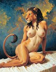 anthro areola bed breasts dreadlocks female front_view fur furniture looking_away navel nipples on_bed plantigrade pose solo tail_tuft tuft witecek_(director) felid lion mammal pantherine hi_res