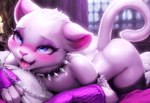 anthro armwear bed bedroom bedroom_eyes blue_eyes blush clothing collar female fur furniture in_heat leash legwear narrowed_eyes seductive solo solo_focus spiked_collar spikes white_body white_fur inaire777 felid feline lion mammal pantherine