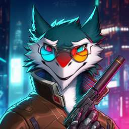 anthro clothed clothing cybernetic_hand cybernetic_limb cybernetics cyberpunk eyewear fur glasses gun handgun heterochromia holding_object holding_weapon jacket looking_at_viewer machine male male_anthro ranged_weapon silencer solo telegram telegram_logo text topwear weapon white_body white_fur sergalbutt sparkz_(sergalbutt) sergal 1:1 director_name portrait signature url