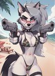 beach bikini clothing collar eyewear female glasses gun highleg_bikini ranged_weapon seaside solo spikes swimwear tropical weapon yopfox loona_(helluva_boss) canid canid_demon canine canis demon hellhound mammal wolf hi_res