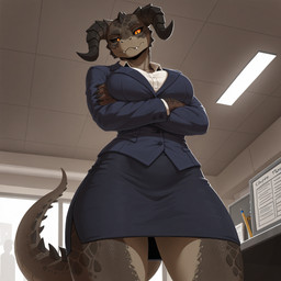anthro black_sclera blue_clothing bottomwear brown_body brown_scales clothing fangs female formal_clothing frown horn inside looking_at_viewer looking_down_at_viewer mature_female office_clothing orange_eyes pupils scales scowl skirt slit_pupils solo spikes spikes_(anatomy) tan_body tan_scales teeth window meloncruiser9000 fallout deathclaw reptile scalie hi_res