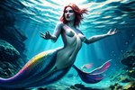 breasts colorful_scales diving female fish genitals hair humanoid kauket looking_at_viewer marine merfolk pussy red_hair small_breasts solo split_form swimming underwater water