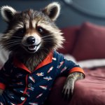 a_tair_in_reality anthro arm_support bed bedroom brown_body brown_fur clothing fur furniture guardians_of_the_galaxy happy hi_res inside inviting leaning leaning_on_elbow light male mammal moonlight pajamas pillow procyonid raccoon rocket_raccoon smile smiling_at_viewer solo tuft