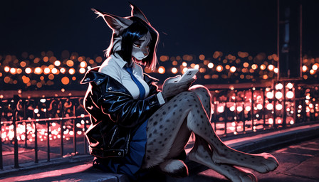 anthro barefoot bottomwear city clothing feet female fur necktie orange_eyes pleated_skirt school_uniform sitting skirt solo spots spotted_body spotted_fur uniform anonymous_director invoke_high felid feline mammal hi_res