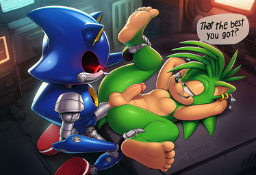 5_toes anal anal_penetration anthro anthro_penetrated anthro_penetrating balls barefoot biped black_nose blue_body blue_fur bodily_fluids butt clothing dialogue duo ear_piercing ear_ring erection feet footwear from_front_position fur furniture genitals glans glowing glowing_eyes green_body green_eyes grin half-closed_eyes hands_behind_head humanoid_feet humanoid_genitalia humanoid_penis kneeling legs_up looking_at_another lying machine male male/male male_anthro male_penetrated male_penetrating male_penetrating_male metallic_body narrowed_eyes nude on_back penetration penile penile_penetration penis piercing plantigrade red_eyes ring_piercing sex shoes smile smirk soles speech_bubble spread_legs spreading sweat tail tan_body teeth telegram telegram_logo text toes sergalbutt sega sonic_the_hedgehog_(series) sonic_underground manic_the_hedgehog metal_sonic eulipotyphlan hedgehog mammal robot director_name english_text signature url