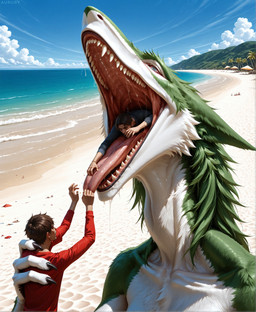 anthro beach beach_background bodily_fluids claws detailed_mouth dripping fur green_body green_fur group imminent_vore male male/male mouth_shot neck_bulge open_mouth outside realistic saliva saliva_drip saliva_on_tongue saliva_string sea seaside size_difference swallowing tongue tongue_out vore water wide_open_mouth aurugy human mammal sergal detailed hi_res