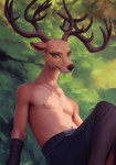 anthro antlers arm_wraps beastars belt black_bottomwear black_clothing black_nose black_pants bottomwear brown_body brown_eyes brown_fur cervid cervine clothed clothing countershading eyelashes fur hi_res horn looking_at_viewer louis_(beastars) male mammal mo-net_(director) navel nipples outside pants red_deer sitting solo tan_body tan_fur topless topless_male tuft wraps