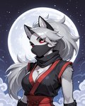 anthro breasts female fluffy_fur fur grey_body grey_eyes grey_fur moon night night_moon_background ninja red_eyes solo warrior alastorgj helluva_boss loona_(helluva_boss) canid canine canis mammal wolf hi_res