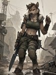 angry anthro breasts brown_body brown_fur cleavage clothed clothing cloven_hooves digitigrade female fur hooves machete melee_weapon midriff overcast post-apocalyptic shoulder_armor sky solo solo_focus weapon wet wet_body wet_fur yellow_eyes uverage_(director) mammal suid suina sus_(pig) wild_boar hi_res