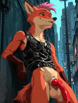 against_surface against_wall alley alternative_fashion animal_genitalia animal_penis anthro balls belt big_penis biped bottomless bottomless_anthro bottomless_male brown_body brown_fur building canine_genitalia canine_penis casual_exposure city claws clothed clothing countershading detailed_background ear_piercing ear_ring erection fangs finger_claws fingers flaccid fur genitals glistening glistening_genitalia glistening_penis gloves_(marking) green_eyes hair inner_ear_fluff knot leaning_on_wall leather leather_clothing leather_topwear male markings multicolored_body multicolored_fur one_eye_closed open_mouth orange_body orange_fur outside penis piercing pink_hair public public_exposure punk punk_hair red_penis ring_piercing sheath shirt skyscraper smile solo standing tail tan_body tan_fur tank_top teeth topwear tuft vein veiny_penis vest alucard_(director) disney zootopia nick_wilde canid canine fox mammal red_fox absurd_res hi_res