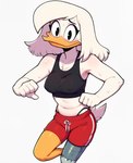 absurd_res anatid anseriform anthro athletic_wear avian beak bird black_eyes blush blush_lines bodily_fluids bottomwear breasts clothing cloud9999 crop_top cybernetic_leg cybernetic_limb della_duck disney duck ducktales ducktales_(2017) eyeliner female fist frown g-string gym_bottomwear gym_clothing gym_shorts hair hi_res jogging makeup midriff navel nipple_outline orange_legs portrait scut_tail shirt short_tail shorts simple_background solo sweat three-quarter_portrait tight_clothing topwear tuft underwear white_background white_body white_hair white_skin worried