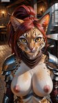 animal_ears anthro armor body_fur breasts female female_anthro hair inside large_breasts looking_at_viewer nipples pauldron photorealism photorealistic ponytail pupils realistic red_hair shoulder_armor slit_pupils snout solo stable_diffusion subsurface_scattering upper_body whiskers yiffyjiffy2 felid feline mammal hi_res watermark