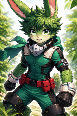 anthro fur green_body green_eyes green_fur green_hair hair long_ears male outside plant scarf short_hair smile smiling_at_viewer solo tree my_hero_academia izuku_midoriya lagomorph leporid mammal rabbit hi_res