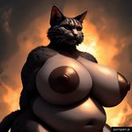 anthro belly big_breasts big_nipples breasts brown_nipples brown_nose deep_navel female fire fur grey_body grey_fur huge_breasts multicolored_body multicolored_fur navel nipples overweight overweight_anthro overweight_female pornpen.ai smoke solo standing whiskers cow_of_fire domestic_cat felid feline felis mammal tail 1:1