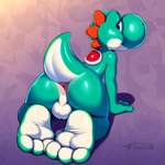 3_toes all_fours anthro anus backsack balls blue_eyes butt feet foot_focus genitals glistening glistening_body green_body looking_at_viewer looking_back looking_back_at_viewer male presenting presenting_hindquarters raised_tail shell simple_background soles solo text toes white_body wrinkled_feet wrinkled_soles wrinkly_soles sergalbutt yoshi signature url