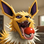 close-up fangs feral imminent_vore living_room male pokeball solo swallowing tongue thedavid nintendo pokemon eeveelution generation_1_pokemon jolteon pokemon_(species) hi_res
