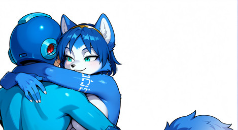 anthro blue_body blue_ears blue_fur blue_hair blush blush_lines breasts cheek_tuft claws duo embrace faceless_character facial_tuft fangs female female_anthro female_on_humanoid fluffy fur furniture green_eyes hair hug humanoid_on_anthro implied_sex inner_ear_fluff interspecies intimate male male/female male_human male_on_anthro markings multicolored_body multicolored_ears multicolored_fur narrowed_eyes nude nude_anthro nude_female nude_human nude_male simple_background slight_blush smile tattoo teeth toony tribal tribal_markings tribal_tattoo tuft upper_body white_background white_body white_fur white_inner_ear white_inner_ear_fluff white_markings white_tattoo anonymous_director mega_man_(series) nintendo star_fox krystal_(star_fox) mega_man_(character) canid canine fox human humanoid mammal 2026 digital_media_(artwork) hi_res