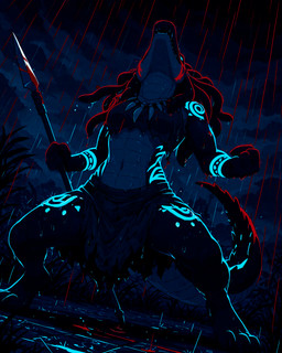 3_toes 4_fingers anthro barefoot digitigrade dreadlocks feet female fingers fist forest glowing glowing_tattoo holding_object holding_weapon jewelry markings melee_weapon necklace night outside plant polearm solo spear standing tattoo teeth toes tree tribal tribal_clothing tribal_jewelry tribal_markings tribal_necklace tribal_tattoo weapon loren_iipsum hi_res