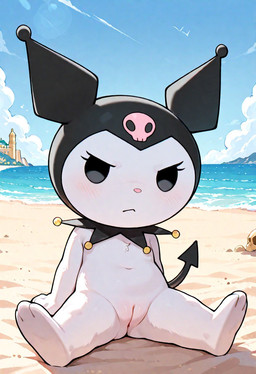 anthro beach beach_background blush chibi detailed_background duo female fur genitals innie_pussy looking_at_viewer mostly_nude navel pussy sand seaside semi-anthro sitting sitting_on_ground tail white_body white_fur anguirus12345 onegai_my_melody kuromi detailed hi_res