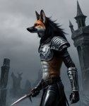 anthro armor bottomwear canid canine cemetery clothing dagger gothic hair hi_res leather leather_bottomwear leather_clothing leather_pants long_hair male mammal maned_wolf melee_weapon pants rogue solo weapon