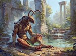 3_toes antennae_(anatomy) anthro arm_wraps bandage blue_sky bottomwear brown_body brown_scales claws clothed clothing column compound_eyes day feet foot_wraps fountain loincloth male mandibles on_ground outside overgrown partially_clothed plant pool rock ruins scales scar segmented_body shrub sitting sitting_on_ground sky solo spread_legs spreading tabard three-quarter_view toes vines water wounded wraps imperialhorizon animal_humanoid arthropod arthropod_humanoid centipede humanoid insect insect_humanoid myriapod full-length_portrait hi_res portrait