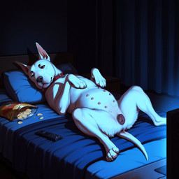 4_toes 8_nipples anatomically_correct anatomically_correct_genitalia animal_genitalia animal_pussy anus bed bedroom bored canine_genitalia canine_pussy chips_(food) claws collar controller crumbs curtains dark_background feet female feral food furniture genitals inside looking_away lying multi_nipple night nipples on_back pawpads paws pillow pussy remote_control sad slightly_chubby solo tail_anus tired toes tv pleasedontlook bull_terrier canid canine canis domestic_dog hunting_dog mammal terrier hi_res