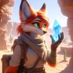 adventurer anthro black_body black_fur cactus clothed clothing crystal desert female fur gem glowing glowing_eyes green_eyes hair orange_body orange_fur plant red_hair smile solo tan_clothing white_body white_fur omgechounknown canid canine canis fox mammal