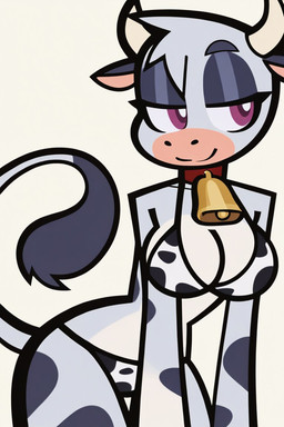 animal_print anthro bedroom_eyes bikini_only breasts cow_print cowbell_collar female horn medium_breasts narrowed_eyes seductive small_waist smile solo wide_hips iacabria bovid bovine cattle mammal